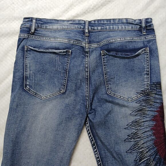 Men's Distressed Jeans with Native American Chief Head Embroidery 36 StreetWear - Picture 13 of 14